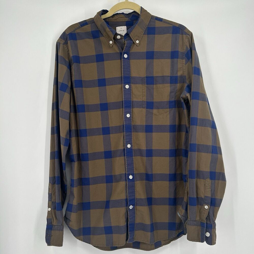 Gap Lived In Button Front Shirt Mens Large Brown Blue Plaid Long Sleeve
